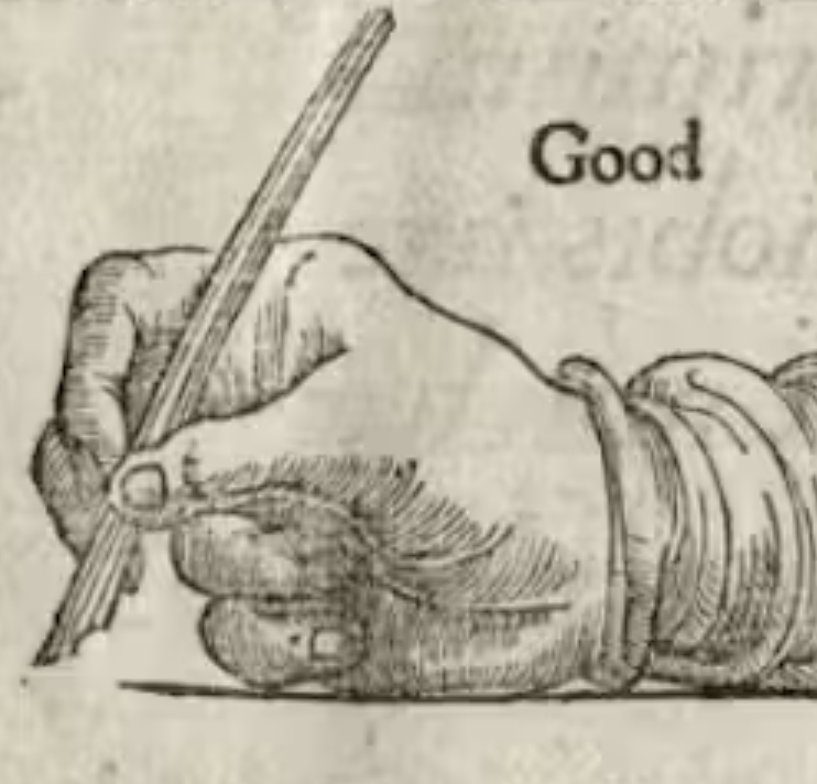 An old woodcut marked "Good": the pen held correctly