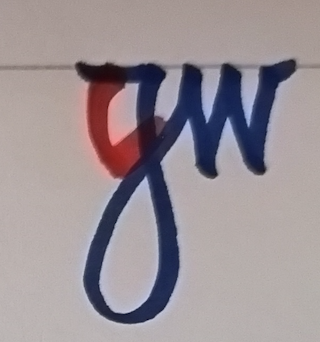 The gw ligature, written by hand: the g, its loop and the w in one stroke (blue), the belly of the g in the second (red)